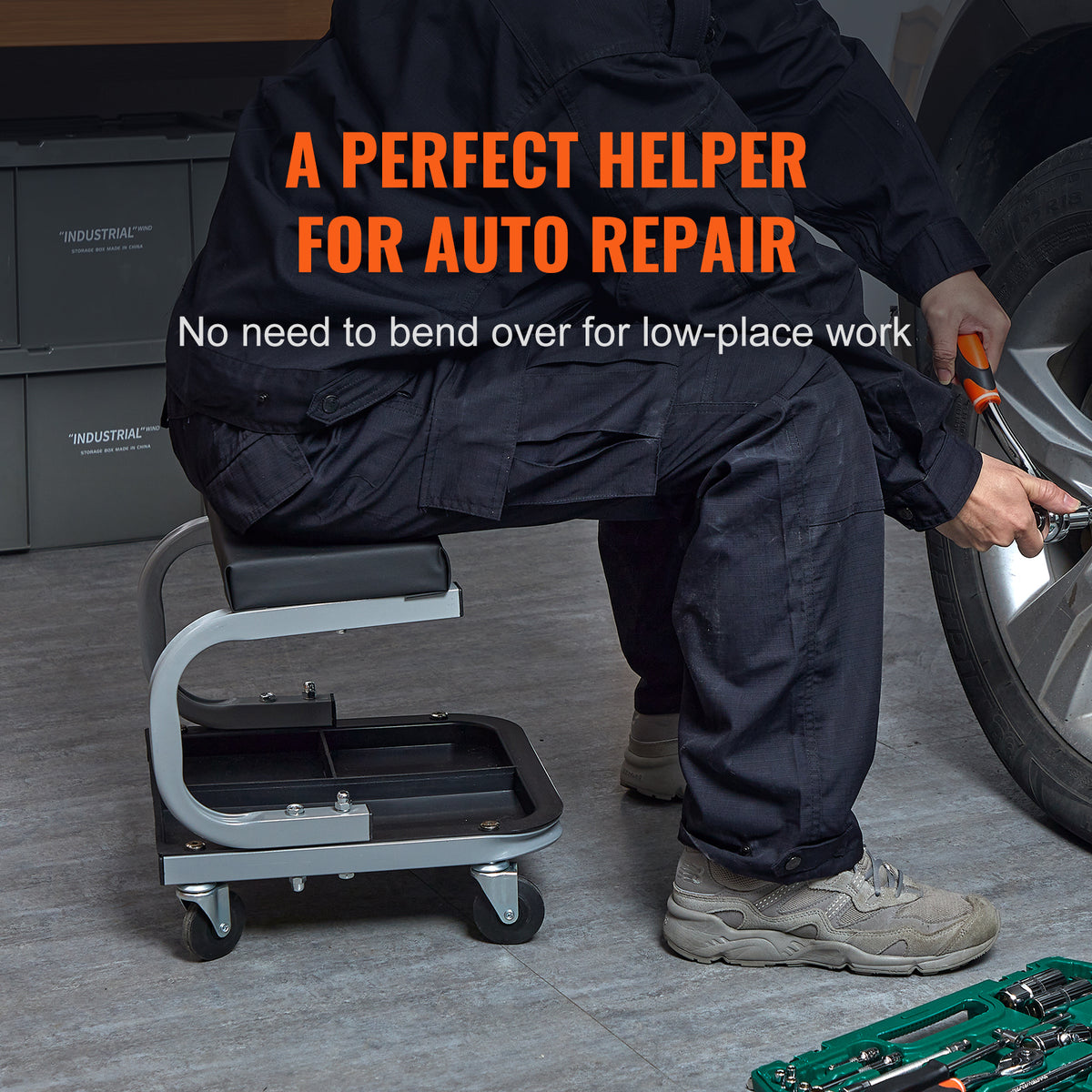 Mechanic Garage Stool — Rolling Seat With Tool Tray 3