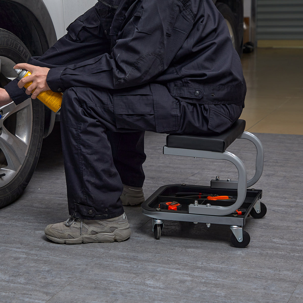 Mechanic Garage Stool — Rolling Seat With Tool Tray 2