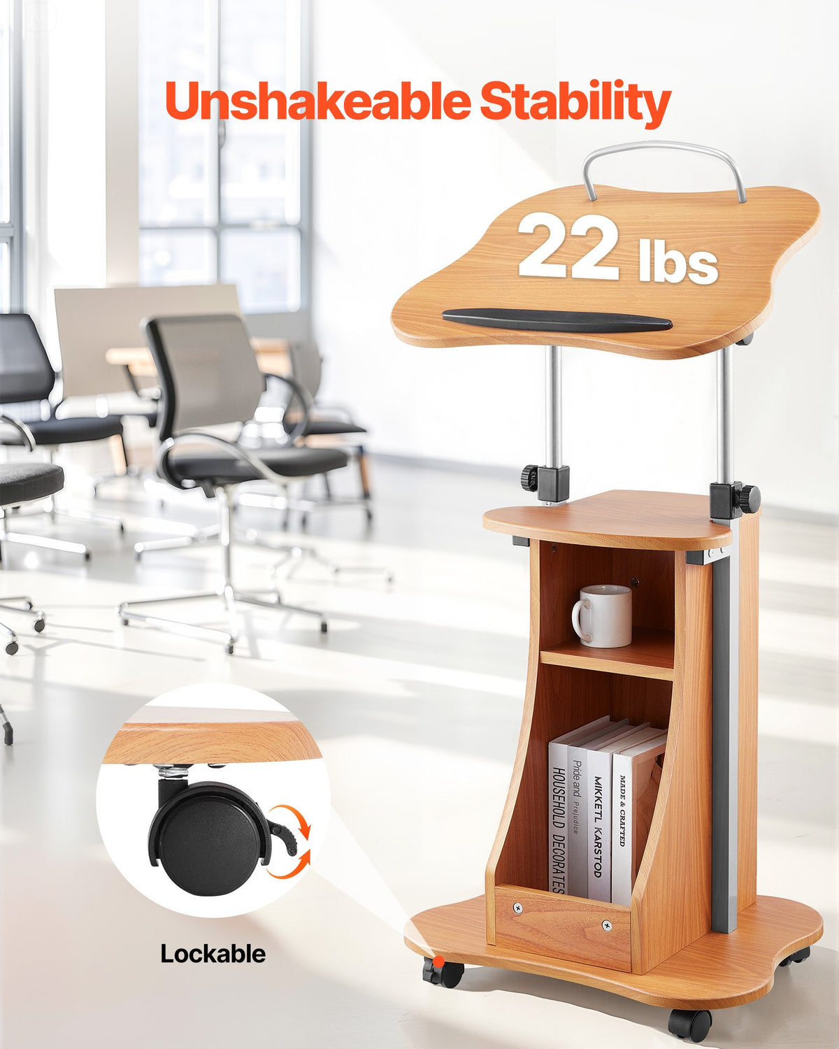 Adjustable Wooden Podium Stand — Rolls, Locks, and Holds Your Notes 4